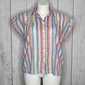 Vintage Blair Pastel Rainbow Striped Button Up Blouse 90s Top, sz Large